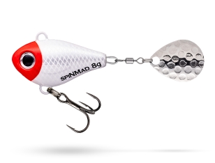 Der weiß-rote SpinMad Jigmaster Redhead 8g